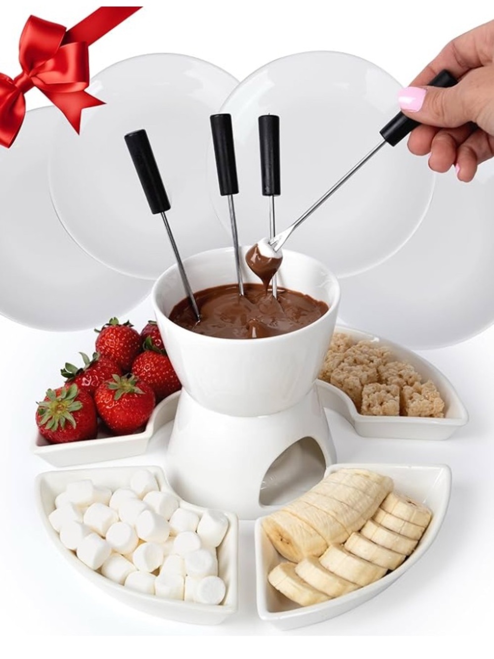 Caro & Myo White Ceramic Fondue Set with Dipping Forks